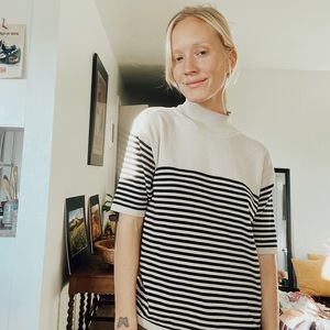 Tan and black striped turtleneck short sleeved loose fitting (model is a 0)